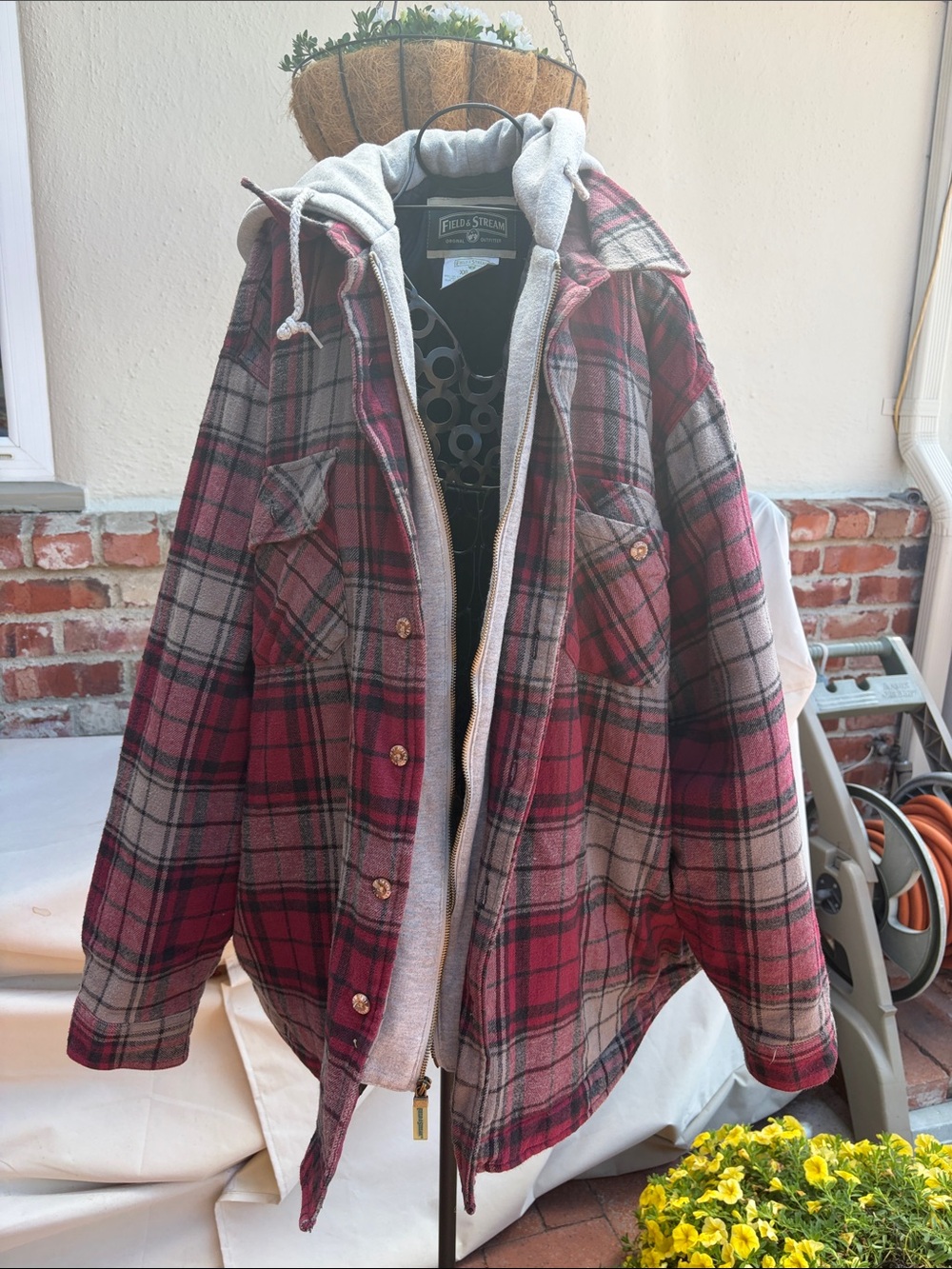Field & Stream Red and Gray Plaid Lightweight Hooded Shirt Jacket